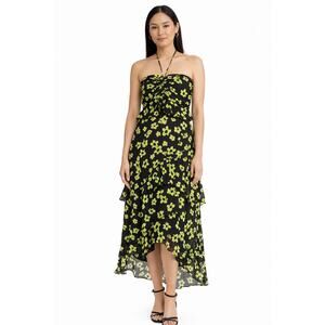 WAYF Zander Floral Halter Tiered Midi Dress Black Lime Green Womens Size Small